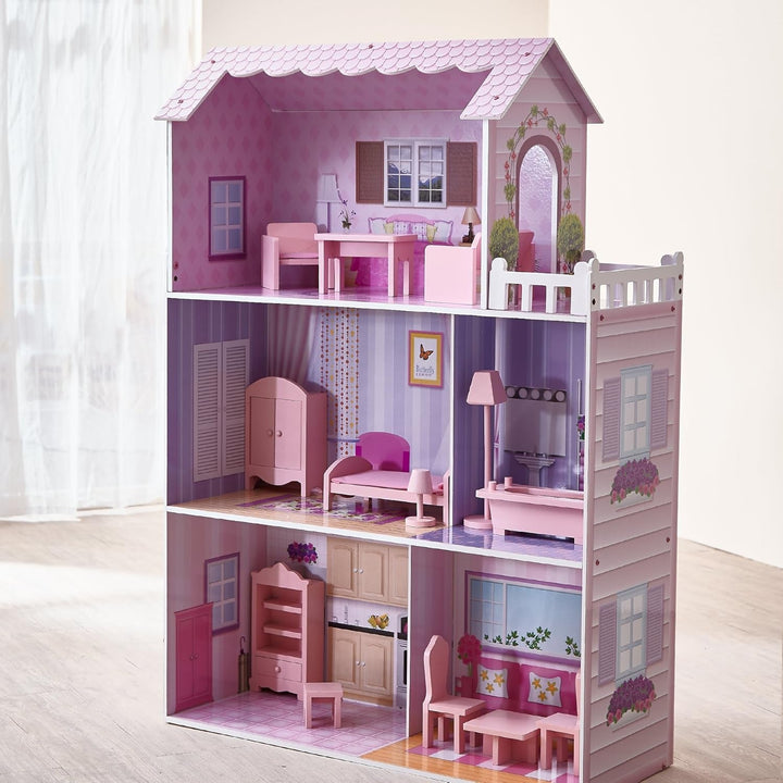Olivia's Small World Giant Dollhouse, casă mare de păpuși din lemn cu mobilier și accesorii, casă de păpuși cu 3 etaje pentru copii, casă de păpuși pentru păpuși de 12", 3 ani +
