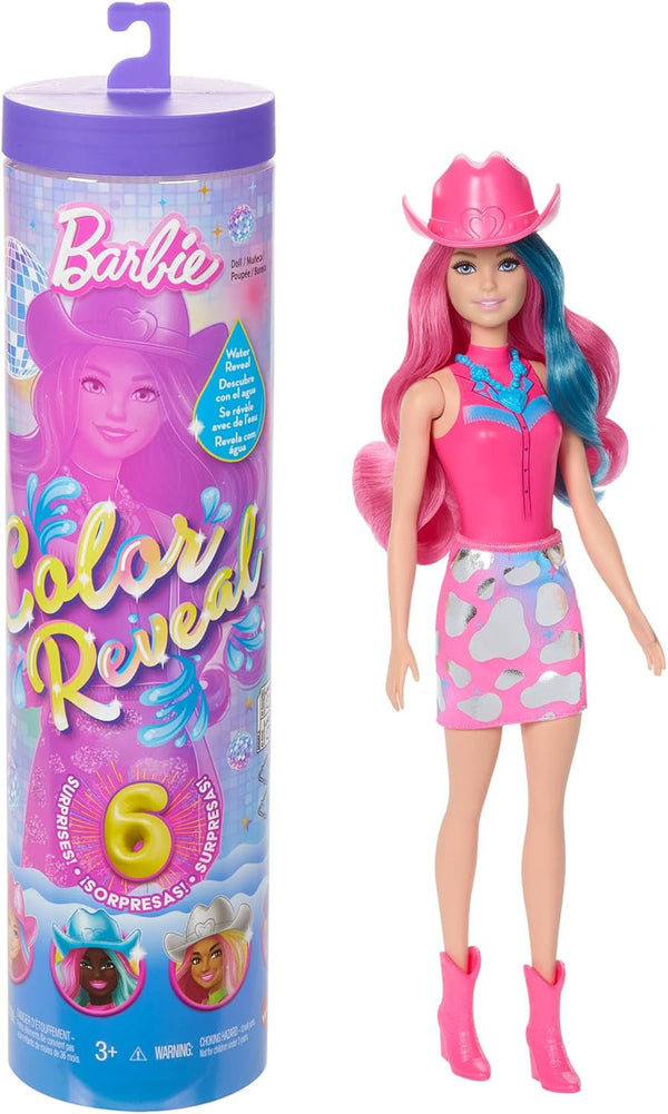 Barbie Color Reveal Fashion Doll și accesorii cu 6 surprize, seria Disco Star cu strălucire metalică și top cu schimbare de culoare (stilurile pot varia), JCP01