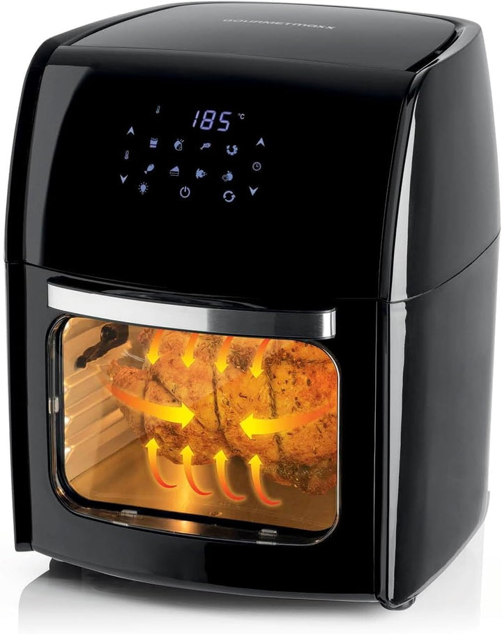 Gourmetmaxx Digitale Heißluftfritteuse XXL - 9L Ofen | Airfryer Mit Timerfunktion, Touchdisplay, Drehspieß, Schaschlikspießen | Fettarm, Energiesparend Frittieren | 8 Programme, 1800 W