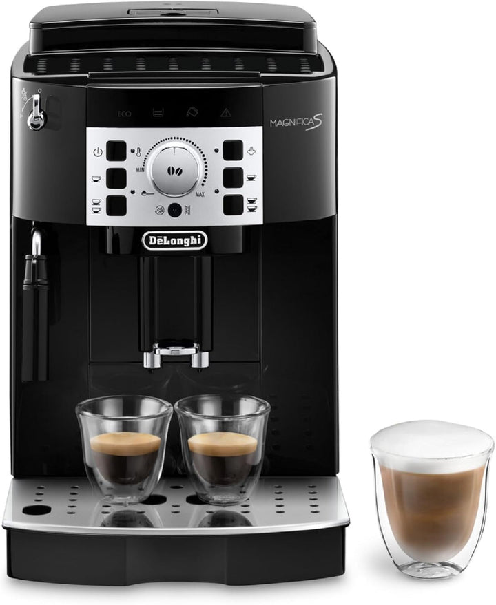 De'Longhi Magnifica Start ECAM222.60.BG, Mașină de cafea complet automată cu sistem de lapte latte crema pentru cappuccino automat, 4 butoane de selecție directă, panou de control soft-touch, funcție "X2", 1450W, negru/gri
