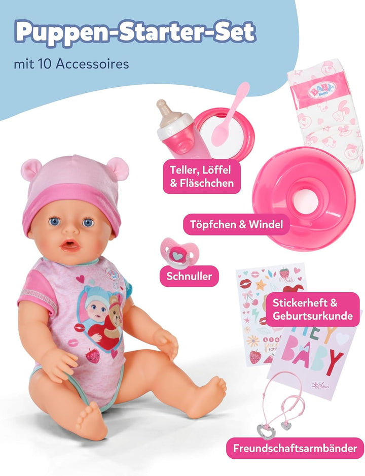 BABY Born Emma - Păpușă de 43 cm înălțime - 10 funcții Inclusiv accesorii și rochiță - Funcționează complet fără baterii - Potrivit pentru copii cu vârsta de 3 ani și peste