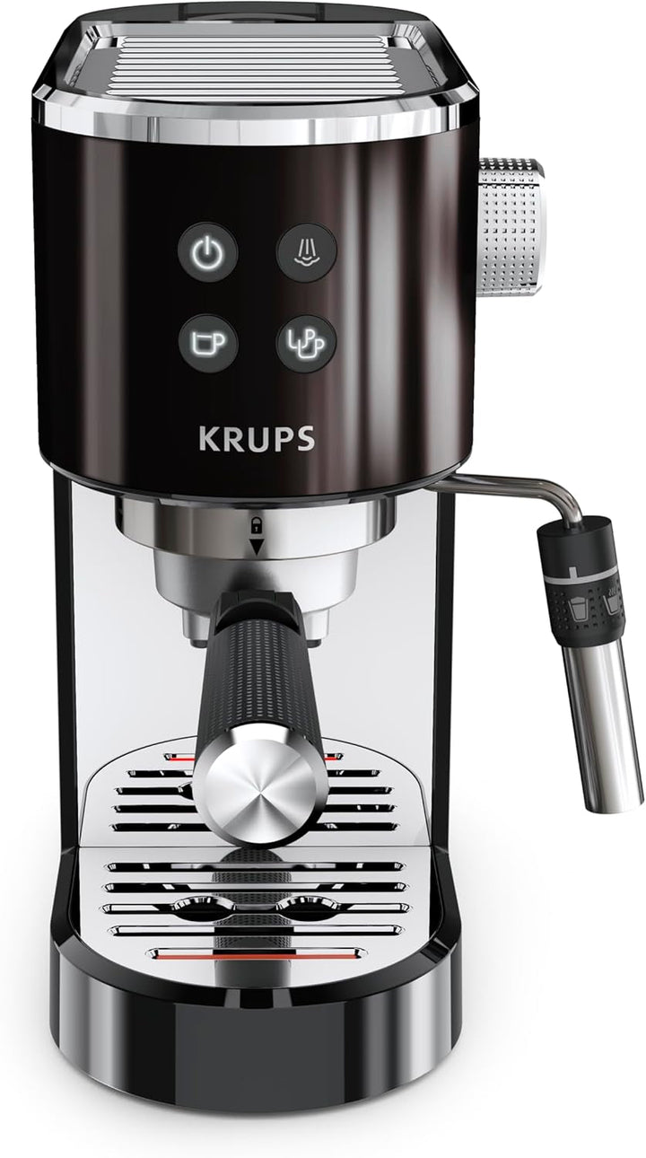 Krups XP444G Virtuoso+ espressor portafilter, 15 bar presiune pompă, 3 filtre crema, duză abur din oțel inoxidabil, panou de control intuitiv, control rotativ, incl. lingură de dozare / tampon, crom / negru