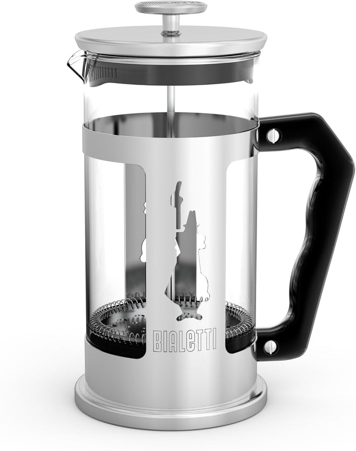 Presă de cafea Bialetti Preziosa, filtru franțuzesc pentru cafea sau ceai, carcasă din oțel inoxidabil și recipient din sticlă borosilicată, lavabil în mașina de spălat vase, 350 ml, pentru 3 cești