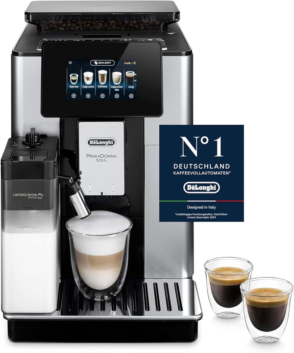Aparat de cafea complet automat De'Longhi Primadonna Soul Perfetto ECAM 612.55.SB cu sistem de lapte Lattecrema și tehnologie Bean Adapt, 18 rețete, cu control prin aplicație cu afișaj color, argintiu/negru
