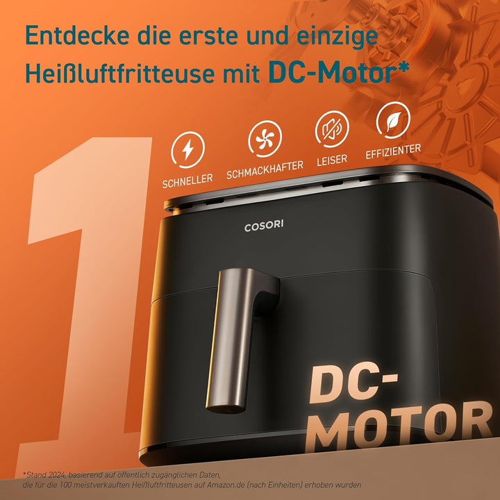 Cosori Turboblaze Heißluftfritteuse Airfryer, 9-In-1 Air Fryer XXL 6L, Leiser DC Motor Mit 5 Geschwindigkeitsstufen, Grillen, Backen, Gären, Dehydrieren, Tiefkühlen, 87 Rezepte, 64% Energiesparend