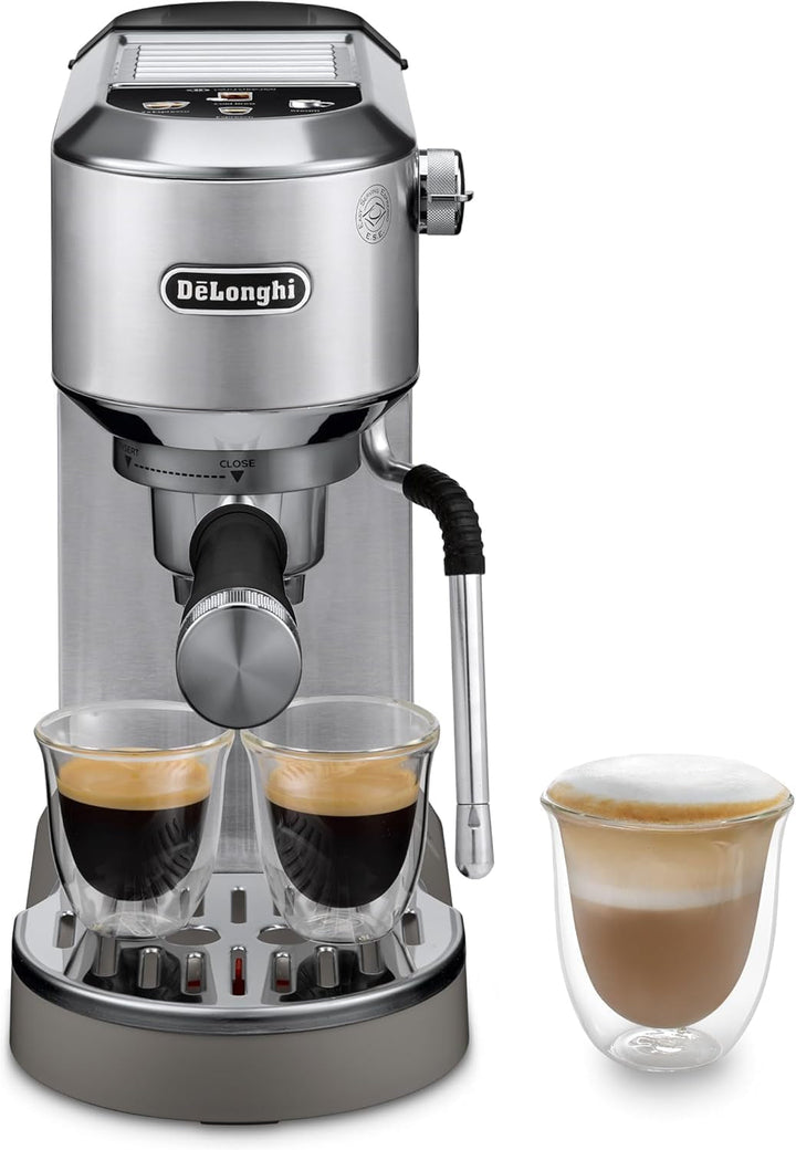 De'Longhi Dedica Style EC 685.M - Mașină espresso portafilter, mașină espresso cu spumă de lapte profesională, doar 15 cm lățime, pentru cafea pudră sau doze ESE, rezervor de apă de 1 litru, argintiu