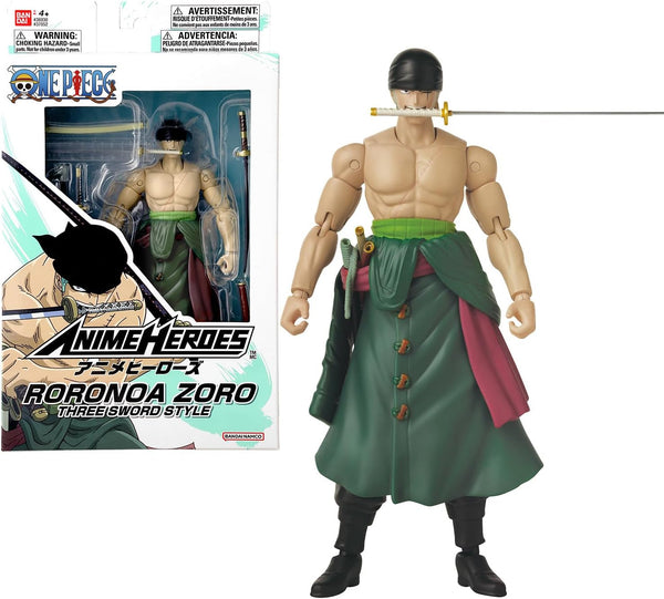 Bandai - Anime Heroes - One Piece Figure - Lorenor Zorro 17 Cm Three Sword Style - Licența oficială One Piece - Movable Manga Figure Zorro 3 Swords - Toy For Children From 4 Years - 37052
