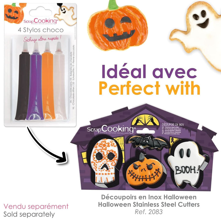 Scrapcooking - Set de 4 stilouri de ciocolată de Halloween - negru, portocaliu, violet și alb, scrieți și desenați pe deserturi, prăjituri și biscuiți