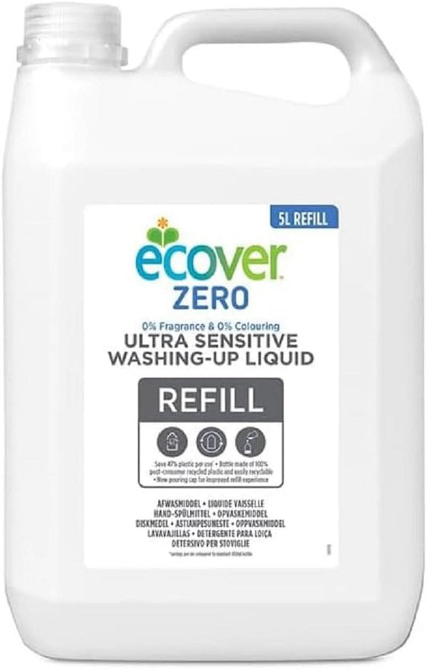 Ecover Zero Hand Dishwashing Liquid (5 L), Lichid de spălat vase sustenabil cu agenți tensioactivi din zahăr fără parfumuri, puternic degresant