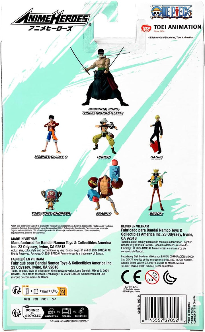 Bandai - Anime Heroes - One Piece Figure - Lorenor Zorro 17 Cm Three Sword Style - Licența oficială One Piece - Movable Manga Figure Zorro 3 Swords - Toy For Children From 4 Years - 37052