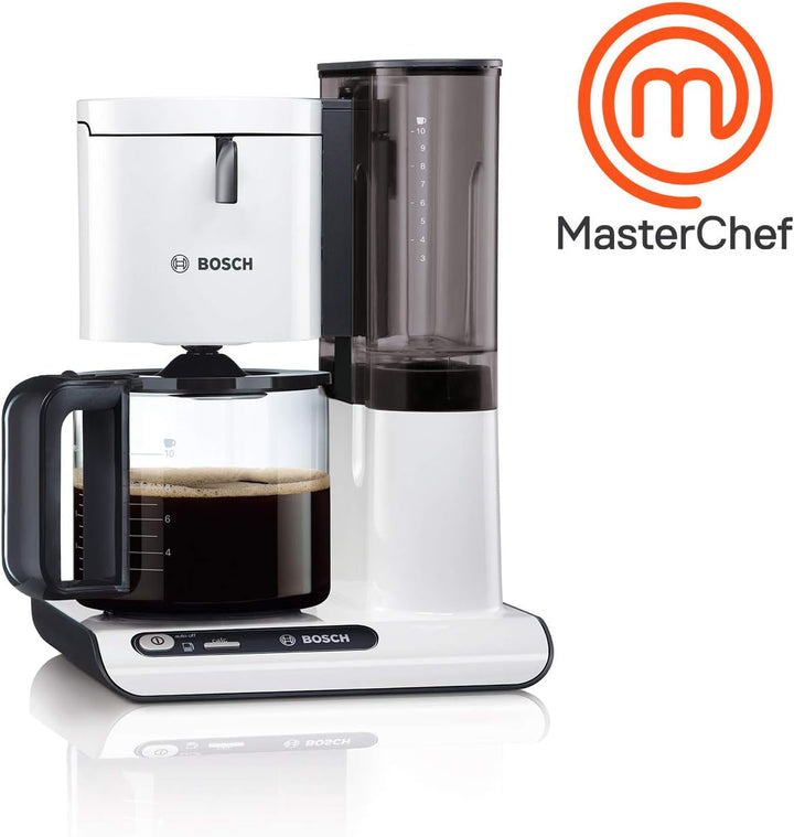 Bosch filtru de cafea Styline TKA8011, senzor de aromă, protecție aromă carafa de sticlă 1,25 L, pentru 10-15 cești, oprire automată, sistem de detartrare, opritor de picurare, suport filtru pivotant, 1160 W, alb