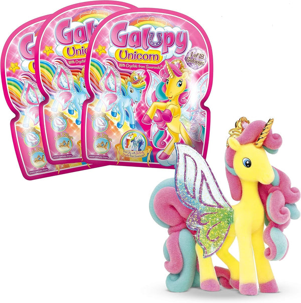 Galupy Unicorn - Pachet de 3 figurine unicorn, jucării unicorn de colecționat, figurine ponei cu aripi strălucitoare și cristal Swarovski