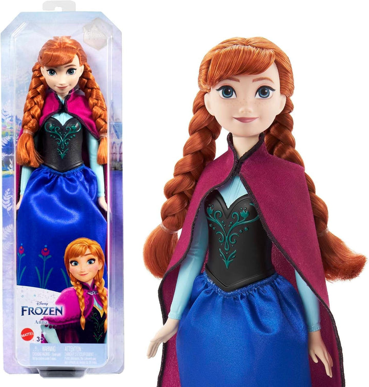 Mattel Disney Princess Anna doll, The Ice Queen doll, Păr pieptănat, Mobil, În costum de călătorie, Capa detașabilă, Cadouri Disney, Jucărie de la 3 ani, HLW49