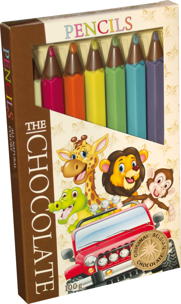 Milk chocolate, in the form of colored pencils