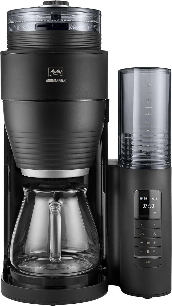 Melitta Aromafresh Pro X - Cafetieră cu râșniță, filtru de cafea cu ulcior din sticlă și rezervor de apă detașabil, pentru până la 10 cești de cafea, gri cald