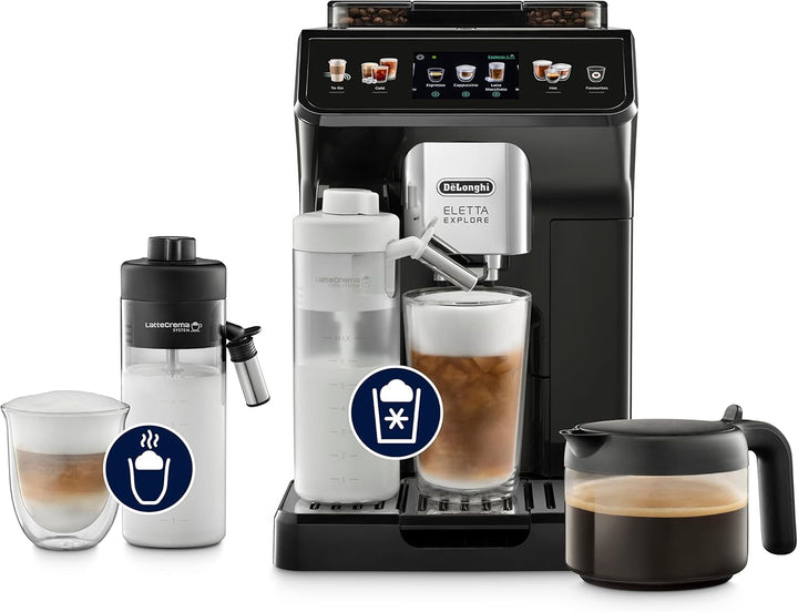De'Longhi Eletta Explore ECAM452.57.G Aparat de cafea complet automat cu sistem de lapte Lattecrema, Băuturi calde și reci la apăsarea unui buton, Ecran color TFT tactil de 3,5 inch, Cafetieră inclusă, negru