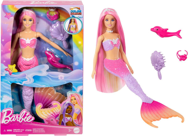 Păpușă sirenă BARBIE - inspirată din serialul TV "Barbie A Hidden Magic", cu efect de schimbare a culorilor și accesorii, păr roz lung de 19 cm pentru styling, pentru copii de la 3 ani, HRP97