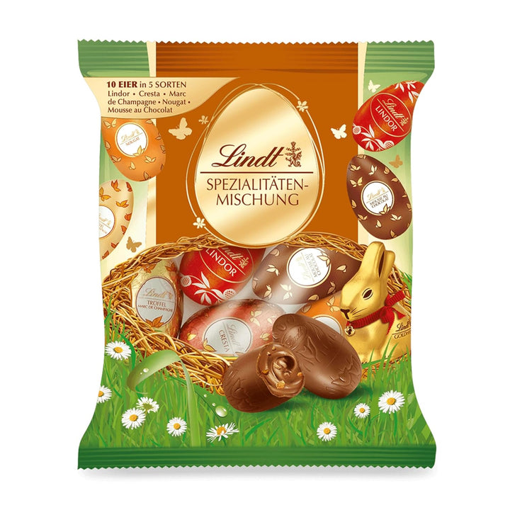 Lindt Schokolade Spezialitäten Mix Eier | 3 X 90 G | Vollmilch-Eier in Fünf Sorten Mit Und Ohne Alkohol (Marc De Champagne, Nougat, Cresta, Mousse Au Chocolat, Lindor Milch) | Oster Schokolade