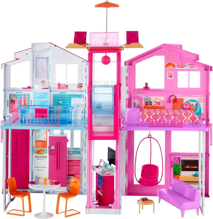 Barbie House Dream Villa, casă de oraș cu 3 etaje și 5 camere, inclusiv accesorii precum mobilier, pliabilă și depozitabilă, jucării de la 3 ani, DLY32