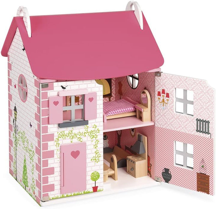 Janod - Casa de păpuși din lemn Mademoiselle, 3 etaje și cu 11 accesorii, replică de jucărie, dezvoltă imaginația, de la 3 ani, J06581, roz