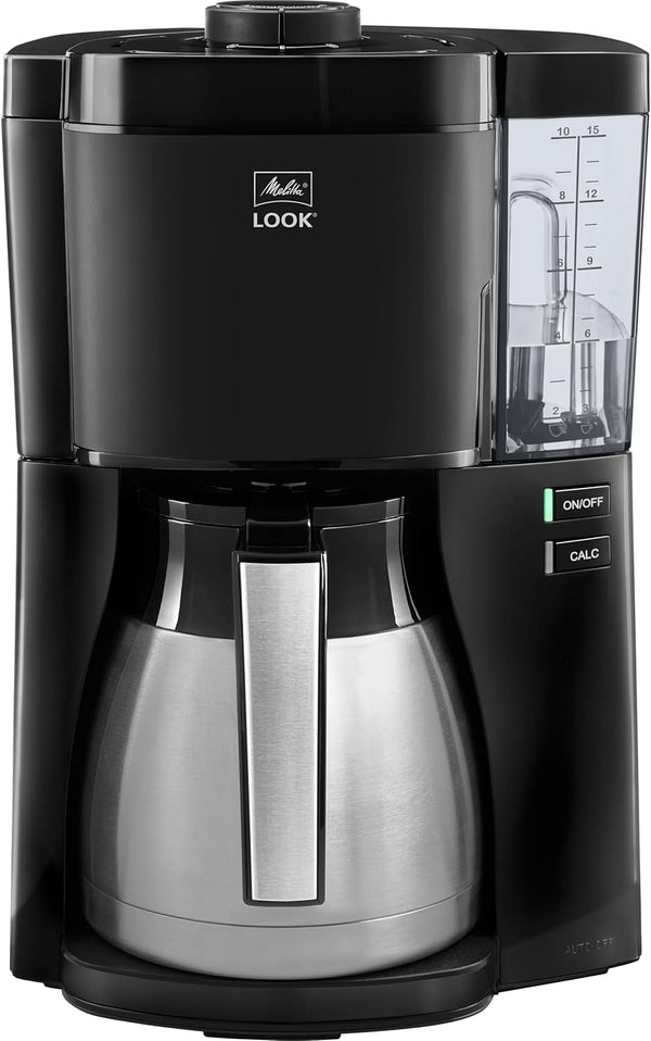 Melitta, Cafetieră Filtre LOOK V Therm Timer 1,25L Noir/Acier, Cafetieră programabilă, Funcție Aromaselector, Funcție Minuteur, Porte-Filtres 1X4, 10 Tasses, Verseuse Isotherme,1025-12,1080W