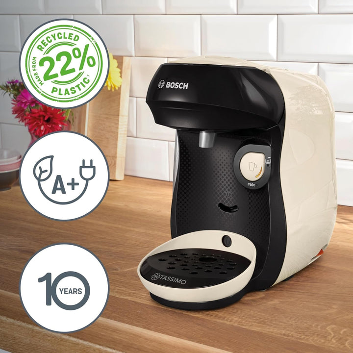 Bosch Tassimo Happy Friendly mașină de capsule TAS107E, Peste 70 de băuturi, Potrivit pentru toate ceștile, Oprire automată, Durabil, Perfect dozat, Economisitor de spațiu, 1400 W, Crem / negru