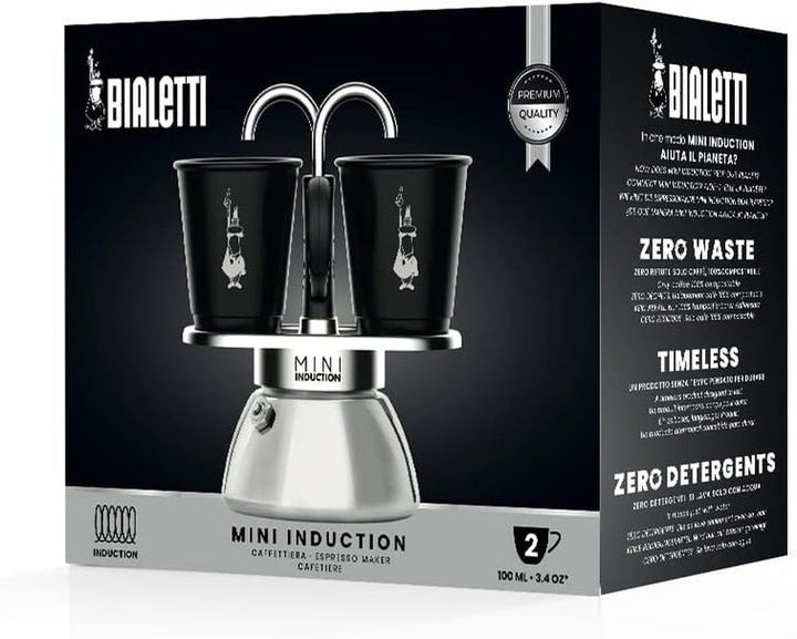 Bialetti Mini Express Induction, Cafetieră cu inducție, 2 cești (100 ml), Potrivit pentru toate tipurile de aragazuri, Negru