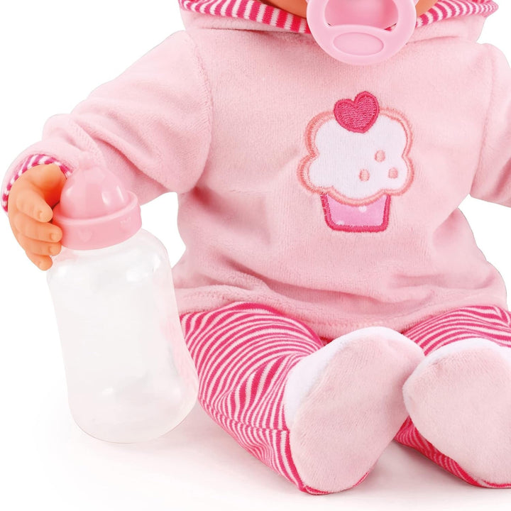 Păpușă First Words cu ochi adormiți, vorbește 24 de sunete de bebeluș, cu păpușă și biberon, 38 cm, roz/stripes