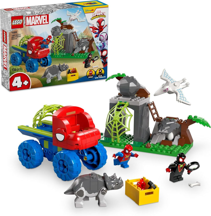 LEGO Marvel Echipa lui Spidey într-o misiune de salvare în camionul Dino, mașină de jucărie construibilă pentru supereroi, set de aventură pentru copii 4+, Spidey și super prietenii săi 11199