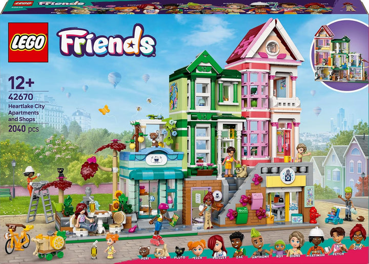 LEGO Friends Heartlake City Living and Shopping Street, set de construcție pentru jocuri de rol cu 9 personaje (inclusiv 7 minifigurine) și 3 pisici, cadou pentru fete și adolescenți, casă de jucării 42670