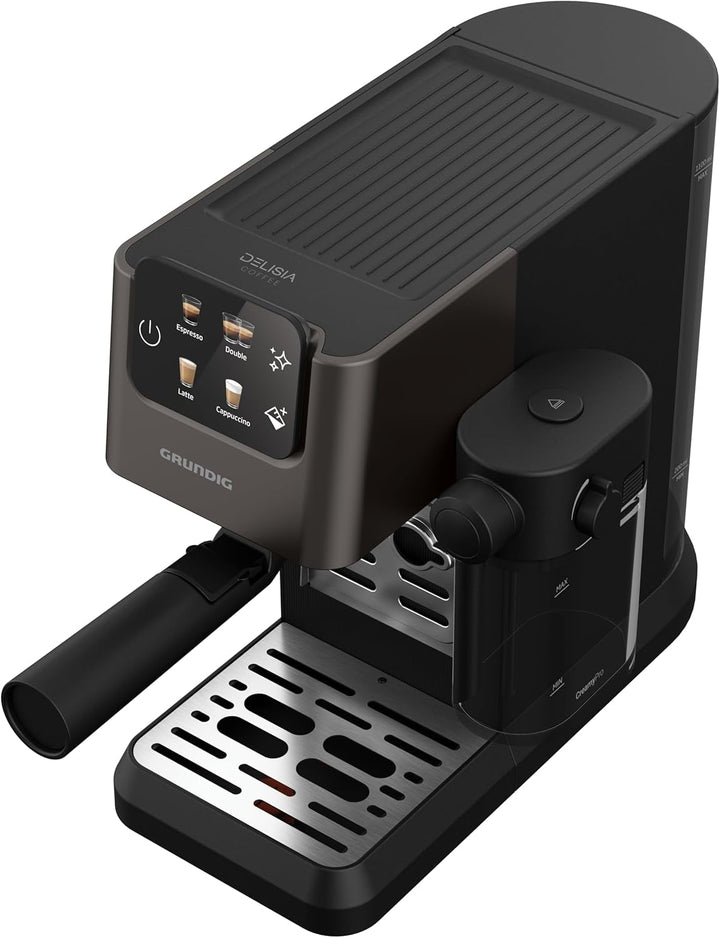 GRUNDIG KSM 5330 Mașină de fasole cu sită Cu recipient integrat pentru lapte, putere 1628 W, presiune pompă 15 bar, duză dublă, afișaj tactil color, Brewsense, Creamypro, Inox închis / negru