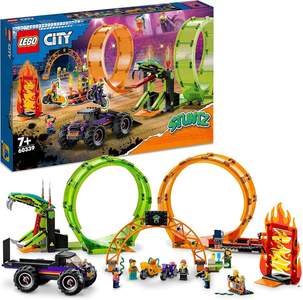 LEGO 60339 City Stuntz Stuntz Show Double Looping Set, Incl. rampă, monster truck, 2X motocicletă și 7 minifigurine, jucărie pentru copii cu vârsta peste 7 ani