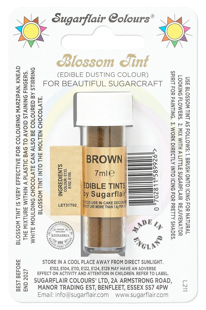 Sugarflair Blossom Tint Dusting Lebensmittelfarbe Pulver Brown - Lebensmittel Farbe Pulver Zur Dekorationen Farbzuckerpaste, Fondant, Zuckerguss, Schokolade, Buttercreme, Macarons - 7Ml