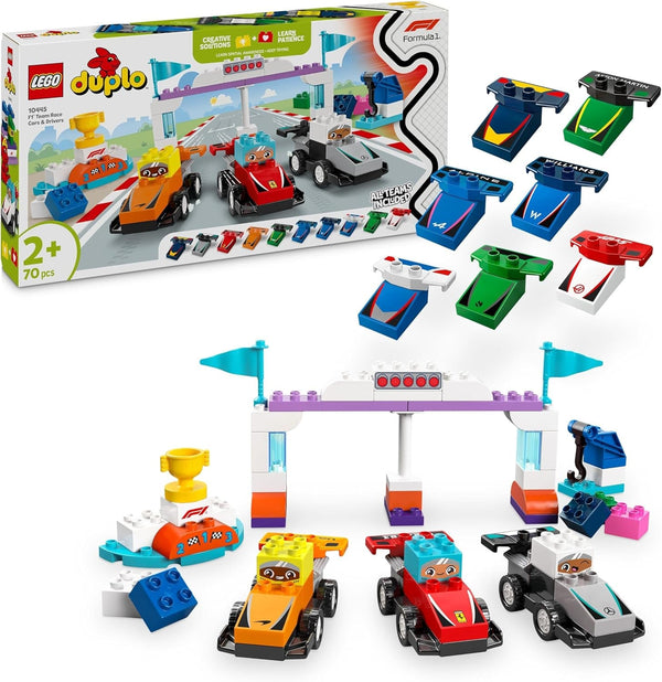 LEGO DUPLO Town F1 Team Race Cars With Racers, jucărie de construit pentru întreaga familie, experiență de joacă imaginativă, cadou de ziua de naștere pentru copii mici, băieți și fete de la 2 ani 10445