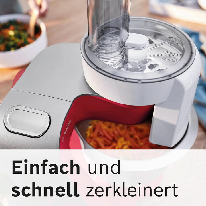 Bosch Küchenmaschine Serie 4 Mum58720,Edelstahl-Schüssel 3,9 L, Mixer 1,25 L, Planetenrührwerk,Knethaken,Schlag,Rührbesen, Durchlaufschnitzler, 3 Scheiben, 1000 W, Dunkelrot/Silber