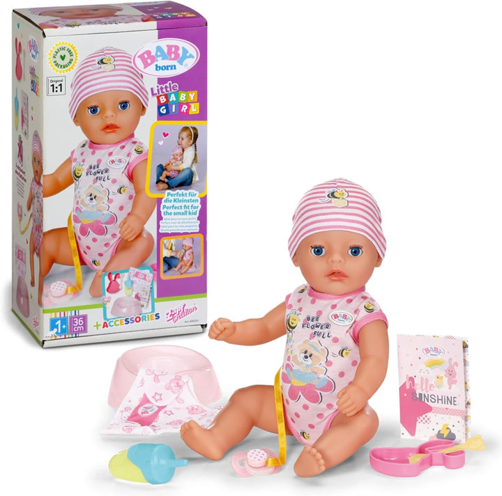 BABY Born Lena (Little Baby Girl) 36Cm, păpușă cu 7 funcții pentru copii de la 1 an, funcționează fără baterie, păpușă mare de 36 cm