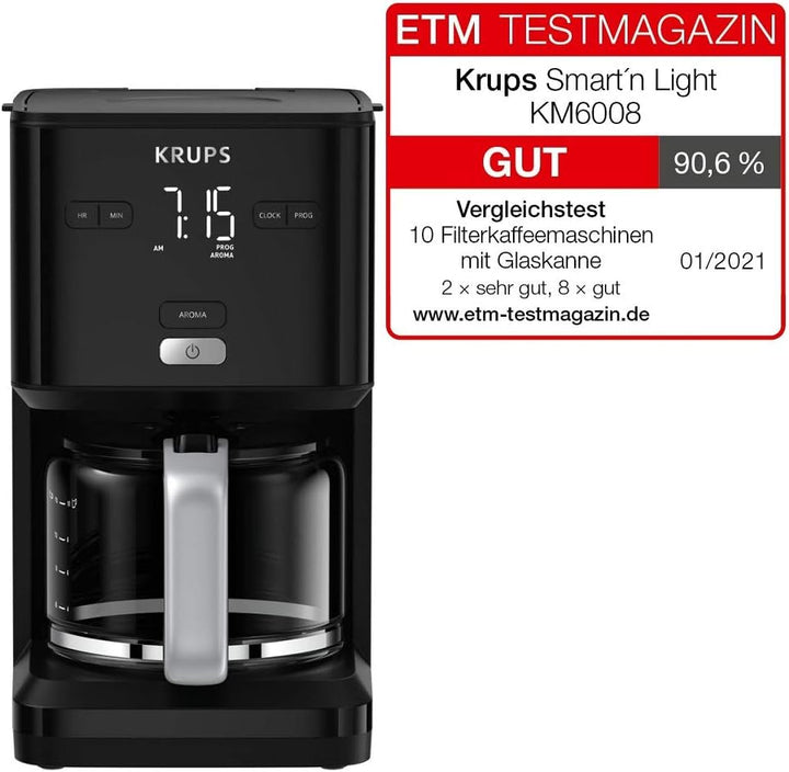 Cafetieră Krups Smart'N Light cu cronometru, pentru 1,25 litri de cafea cu filtru, funcție de menținere la cald, oprire automată, negru, KM600810
