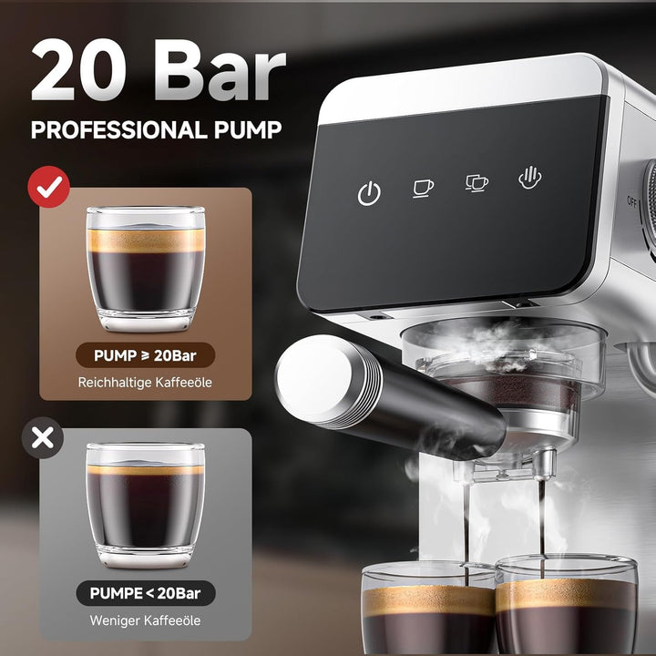 AMZCHEF Mașină de transport cu sită 20 Bar cu afișaj Led Acasă 2-In-1 Espresso Machine cu rezervor detașabil de 1,2L pentru cadouri acasă Mașină compactă din oțel inoxidabil Latte, 1350W