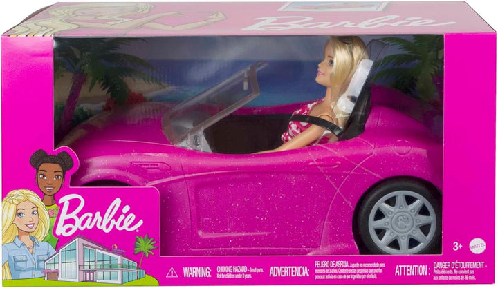 Păpușă Barbie și decapotabilă în roz cu sclipici, logo realist pentru anvelope, jucărie de la 3 ani, DJR55