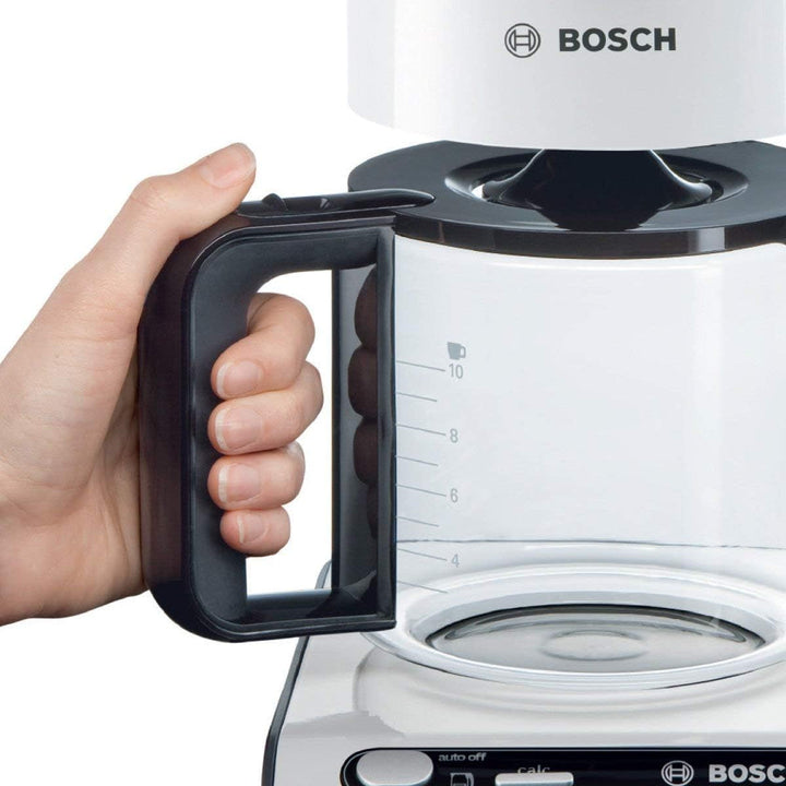 Bosch filtru de cafea Styline TKA8011, senzor de aromă, protecție aromă carafa de sticlă 1,25 L, pentru 10-15 cești, oprire automată, sistem de detartrare, opritor de picurare, suport filtru pivotant, 1160 W, alb