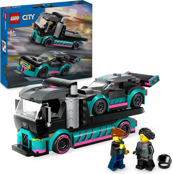 LEGO City Car Transporter cu mașină de curse, camion jucărie cu rampă de încărcare reglabilă și mașină de curse, set de construcție cu 2 minifigurine, șofer de curse și șofer de camion, copii de peste 6 ani 60406
