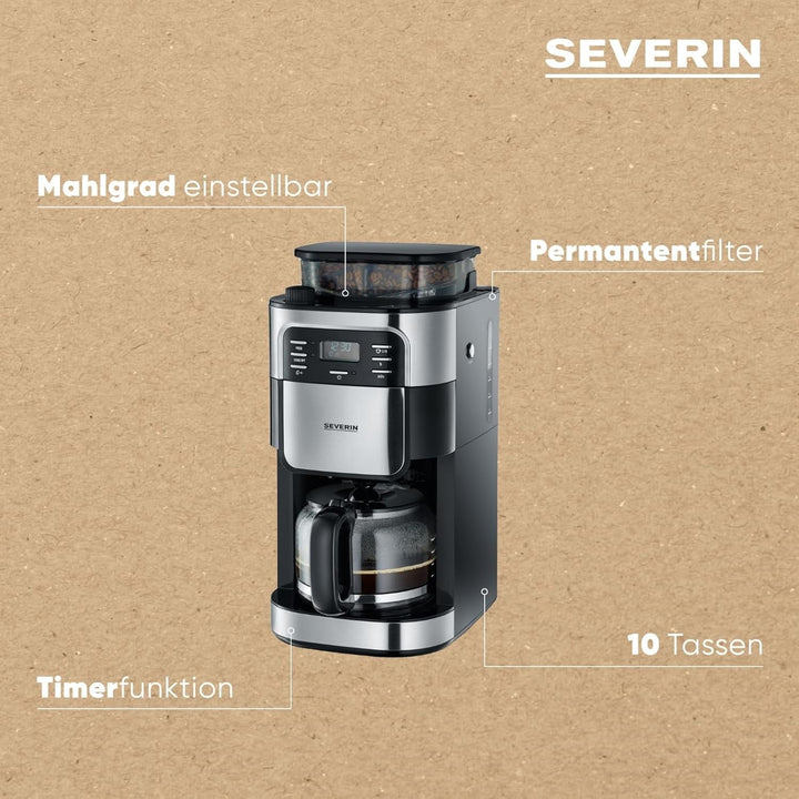 SEVERIN Mașină de cafea cu râșniță, Mașină de cafea cu ulcior de sticlă și funcție de cronometru, De asemenea, ca mașină de cafea cu filtru, Vas de cafea din sticlă pentru 8 cești, 1000 wați, Oțel inoxidabil periat / negru, KA 4810