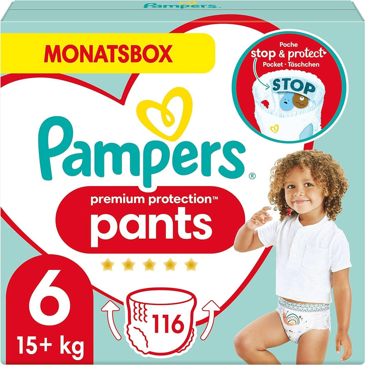 Pampers Baby Nappies Pantaloni mărimea 5 (12-17Kg) Premium Protection, Junior cu buzunar Stop and Protect, 144 scutece Panty