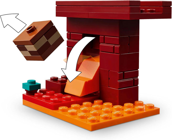 LEGO Minecraft Duelul de lavă din adâncuri, jucărie pentru fanii jocului video, fortăreață cu minifigurine, inclusiv Alex, scheletul Wither, Lohe și Strider, cadou pentru fete și băieți de la 6 ani 21266