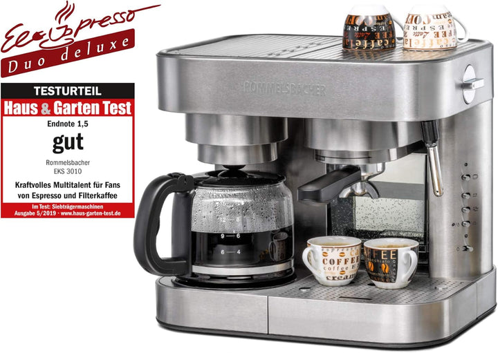 Rommelsbacher Coffee/Espresso Centre EKS 3010 - Mașină de cafea cu filtru, cană de sticlă, suport pentru sită, inserție filtru pentru 1 sau 2 cești, duză pentru spumă de lapte/apă caldă, cantitate de umplere a ceștii programabilă