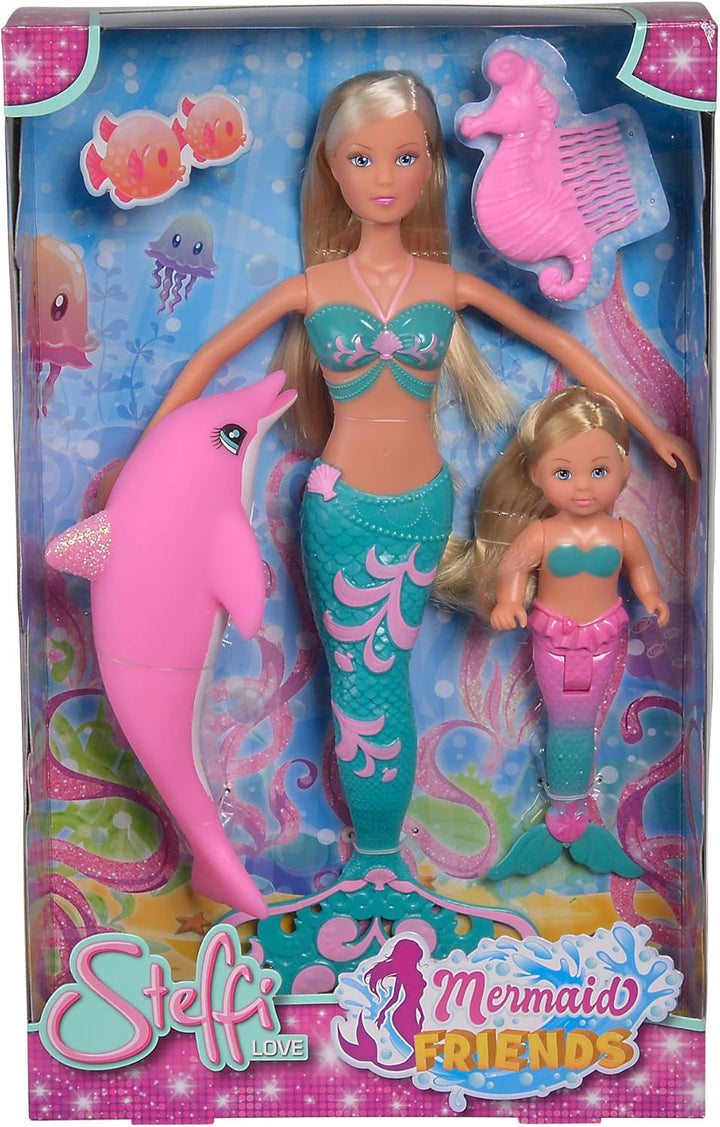 Simba 105733336 - Steffi LOVE Mermaid Friends, păpușă ca o sirenă magică cu sora Evi, figurină cu delfin și multe altele, jucărie pentru copii de la 3 ani în sus