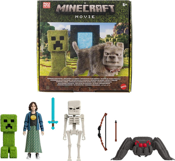 Mattel Minecraft Story Set cu 4 figurine de acțiune și 3 accesorii, Encounters In The Overworld Set, inspirat de un film Minecraft, jucărie de colecție, JFR70