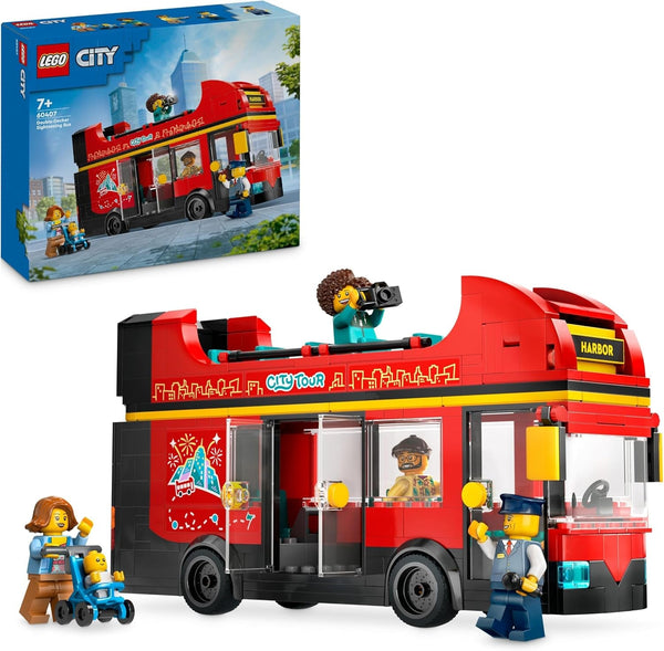 Autobuz cu două etaje LEGO City, autobuz de jucărie cu două etaje, set de vehicule pentru fete și băieți de la 7 ani, conține 5 figurine, inclusiv un bebeluș într-un cărucior 60407