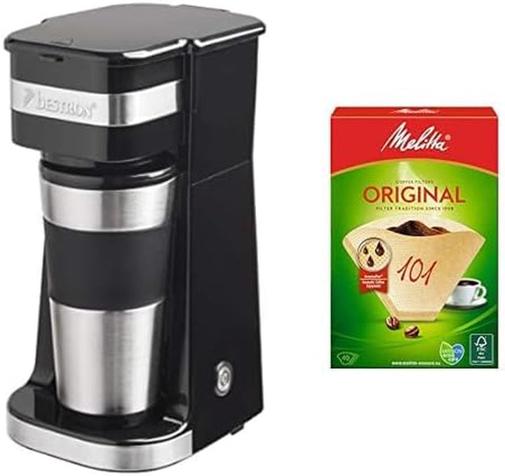 Aparat de cafea Bestron cu cană izolată, aparat de cafea de camping pentru cafea filtrată măcinată, aparat de cafea mic pentru 2 cești mari, 750 wați, culoare: cupru