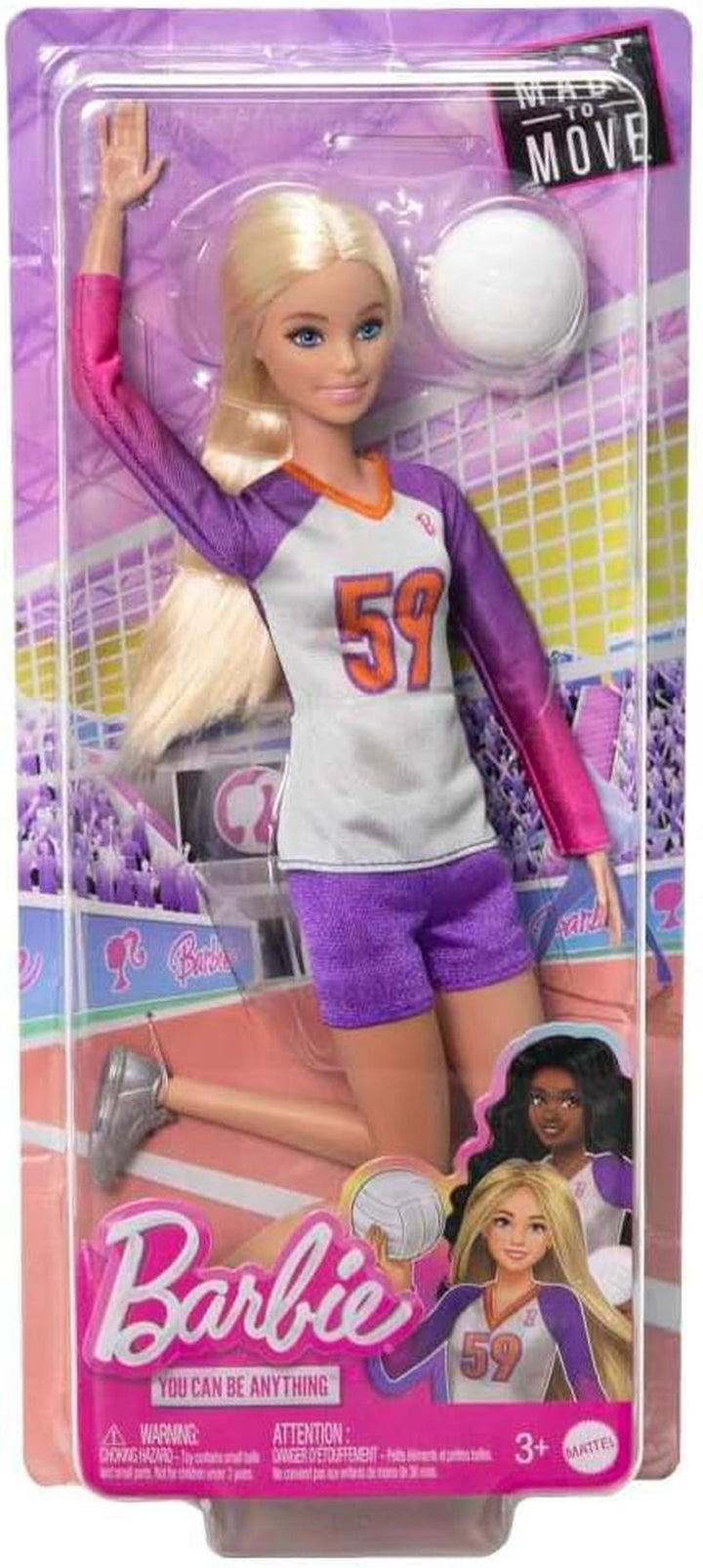 Barbie Made to Move - Păpușă jucătoare de volei cu tricou și minge - 22 de articulații pentru joc realist, include volei și îmbrăcăminte sport, HKT72